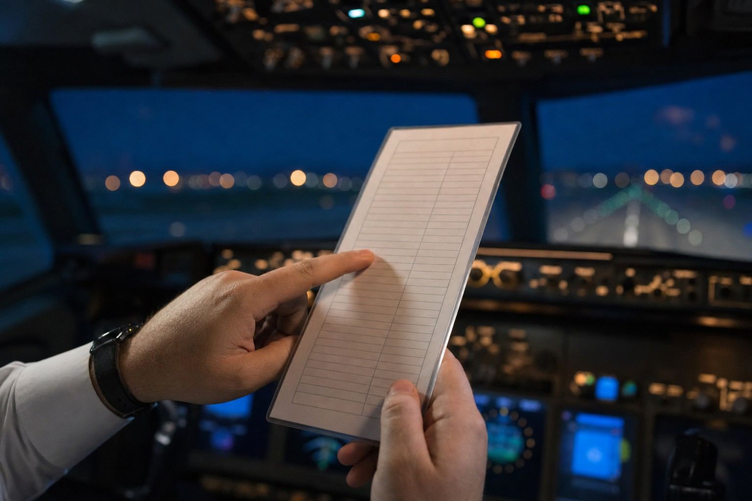 A pilot's hands holding a printed checklist card in a cockpit at dusk, instrument lights glowing.
