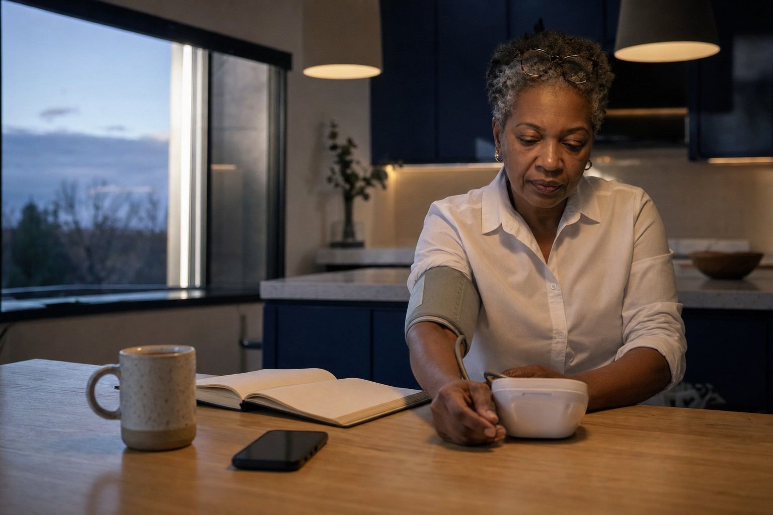 A woman in her sixties sits at a kitchen table at dawn with a blood pressure cuff on her upper arm, the monitor in front of her and an open notebook beside it.