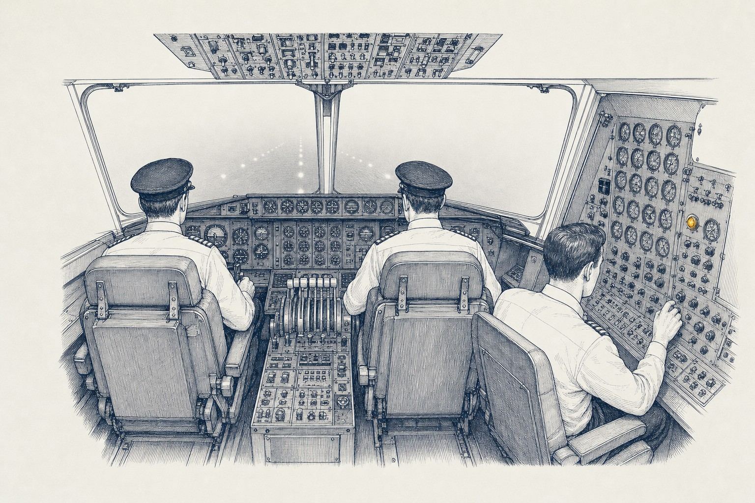 Pen-and-ink drawing of a 1970s jumbo-jet flight deck seen from behind: two pilots in front, a third crew member at a side panel of gauges, and a runway fading into fog through the windscreen.