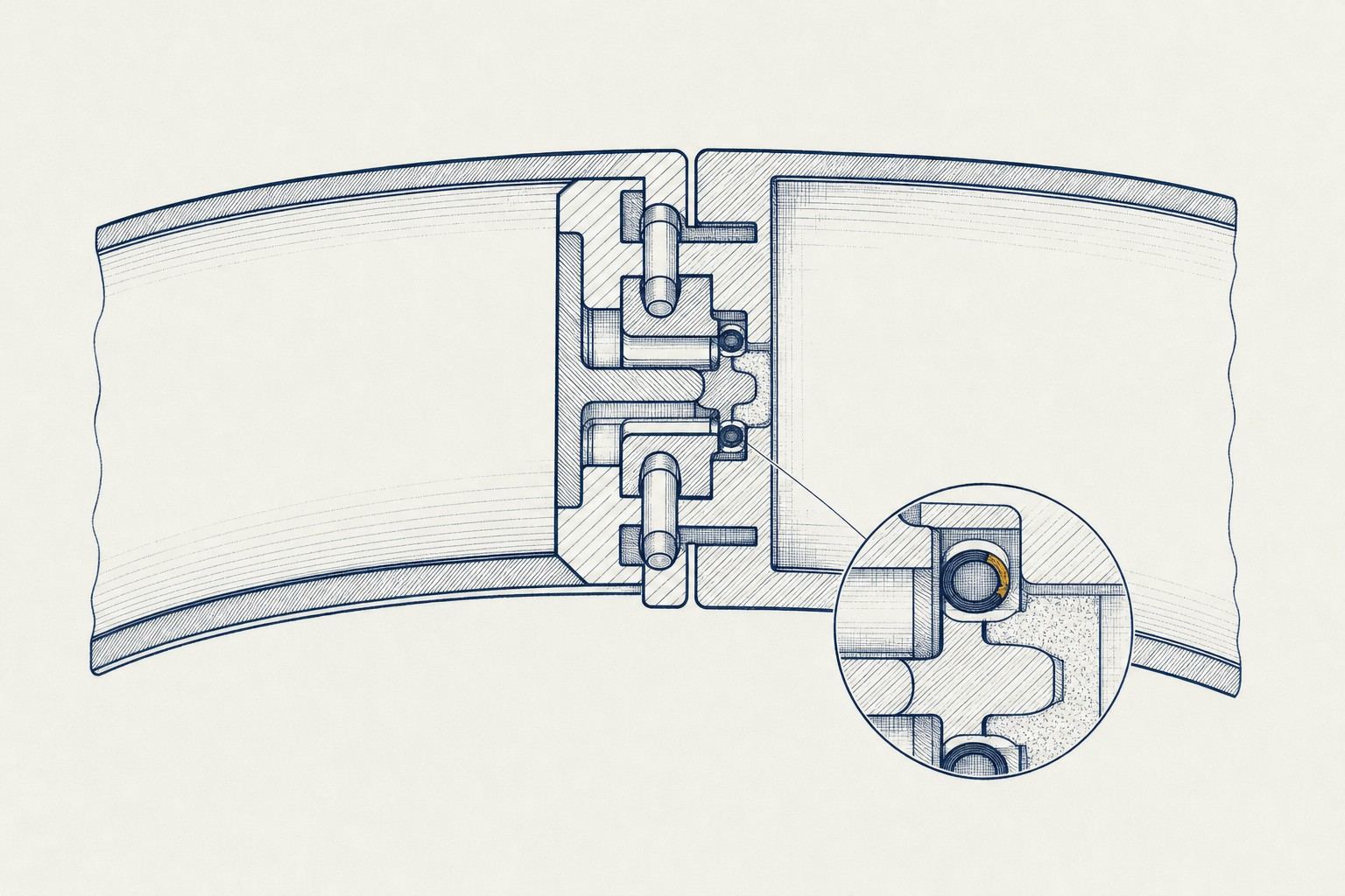 Pen-and-ink cutaway drawing of a joint between two curved steel segments, sealed by two small rubber O-rings, with a magnified inset of one ring showing a small notch in amber.