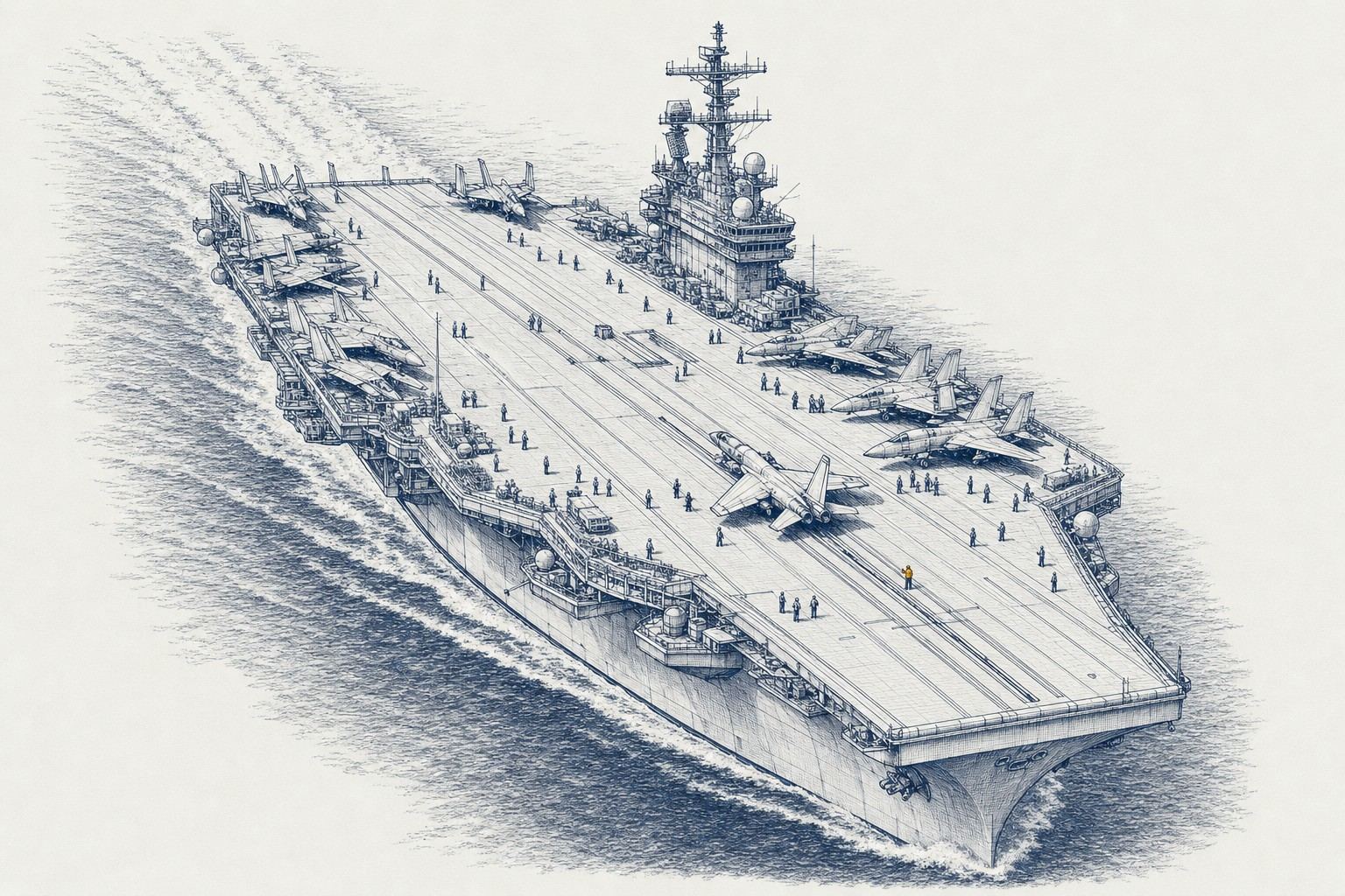 Pen-and-ink drawing of an aircraft carrier flight deck seen from above, with parked jets and tiny crew figures.