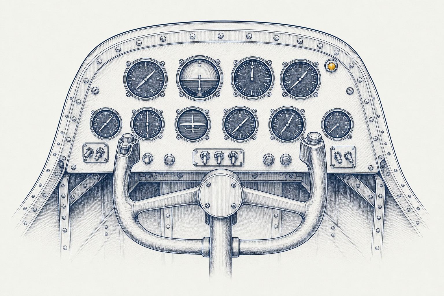 Pen-and-ink drawing of a 1930s aircraft instrument panel: rows of round gauges set in a riveted metal frame above a control yoke, with one small amber warning light.