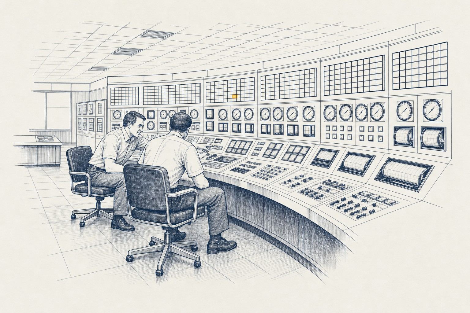 Pen-and-ink drawing of two operators seated at a curved console in a nuclear control room, facing walls of gauges, switches and indicator lights.
