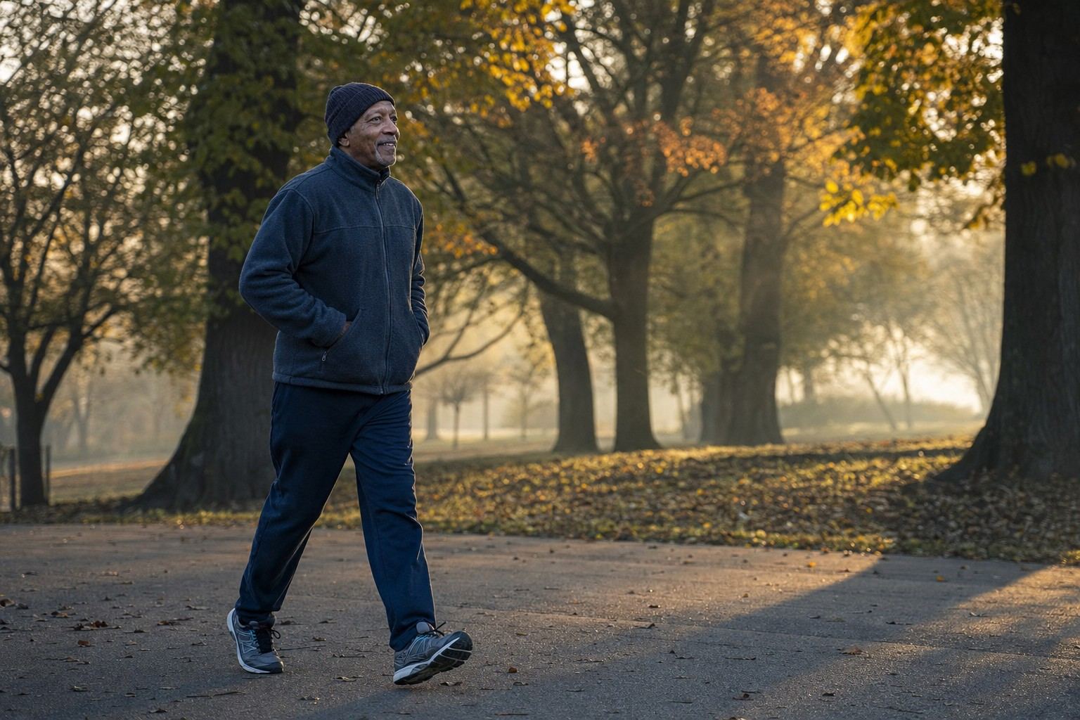 An older Black man in a fleece jacket and knit cap walks along a park path at sunrise, smiling, autumn leaves on the ground.