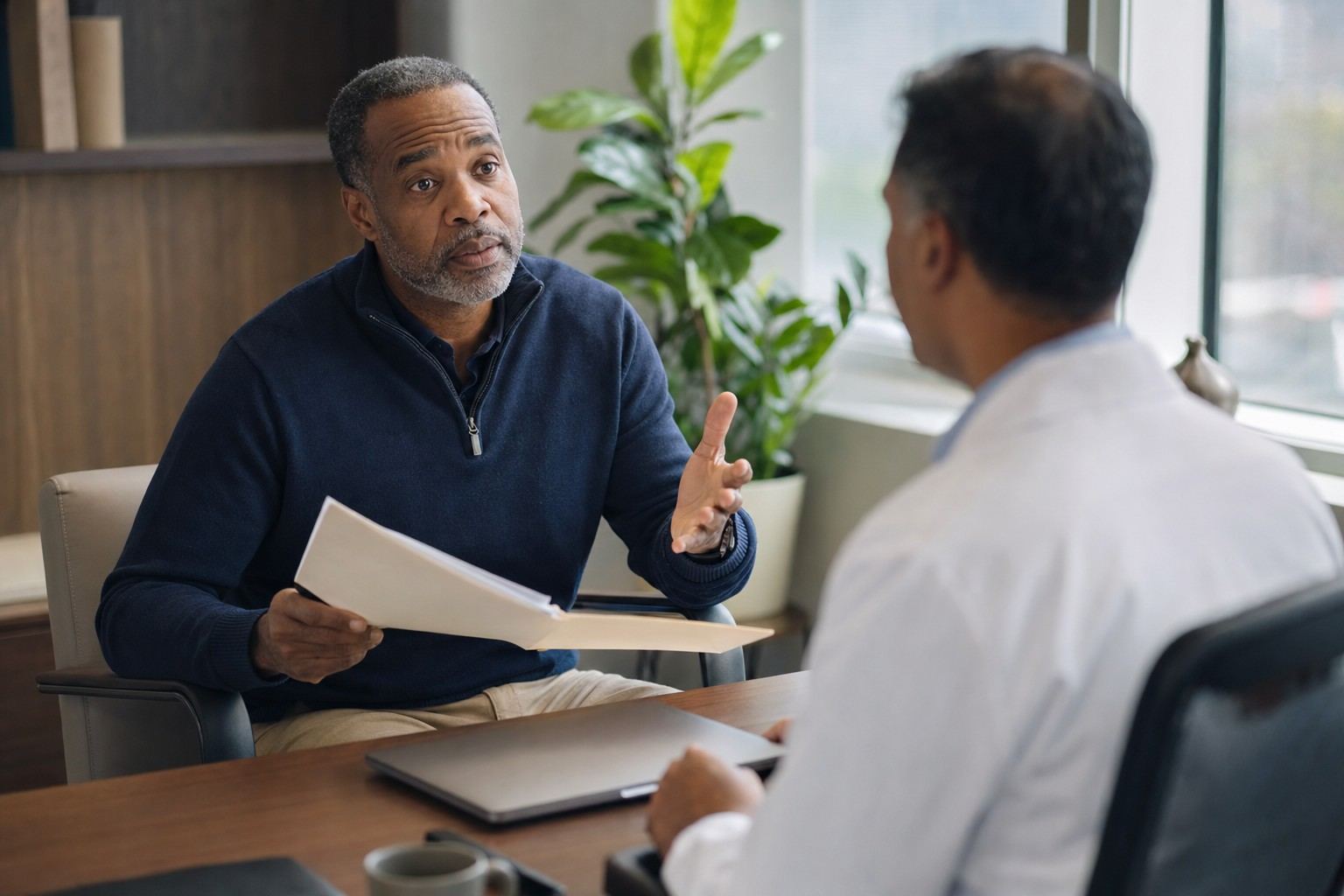 A man in a navy sweater holds a folder of medical records and makes a point to a physician across a desk.