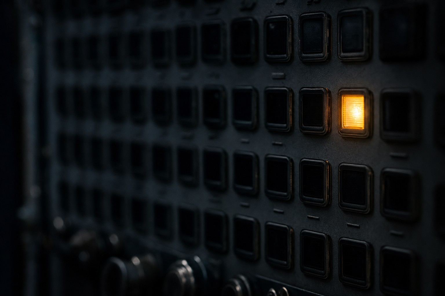 A dark control panel lined with rows of identical switches, one of them lit amber.